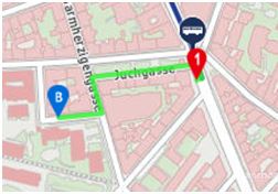 Google Karte mit dem Gehweg von der Haltestelle 74A zum Institut