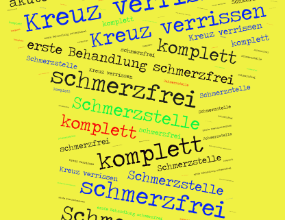 Wordcloud zu einem Feedback über die Prana Anwendung bei einem Klienten mit akuten Kreuzschmerzen